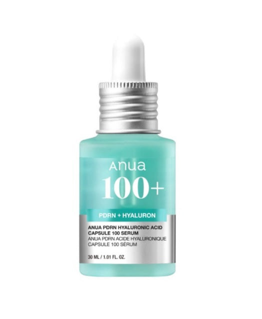 Напівпрозорий флакон із сироваткою ANUA PDRN Hyaluronic Acid Capsule 100 Serum бірюзового кольору та білою піпеткою на білому фоні.