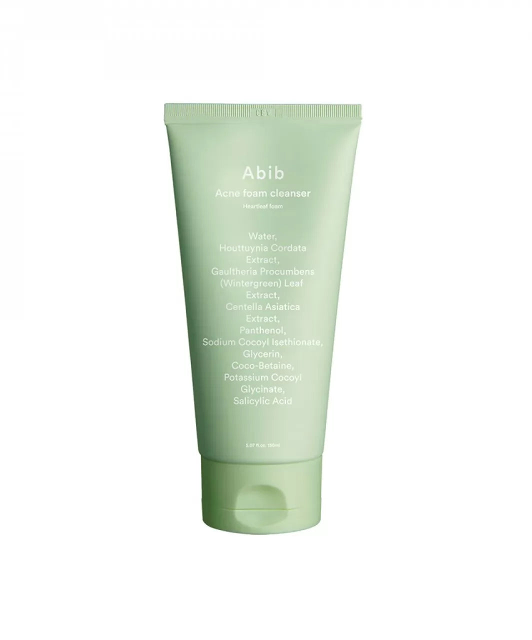 Салатовий тюбик із салатовою кришечкою пінки Abib Acne Foam стоїть на білому фоні.