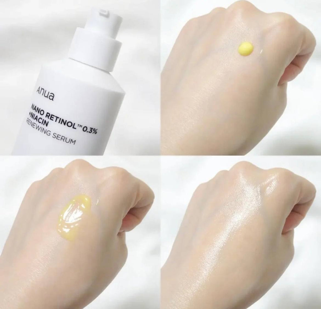 На фото видно чотири картинки: перша – пляшечка засобу Anua Nano Retinol 0,3% + Niacin Renewing без кришечки з білим дозатором; на інших зображеннях рука, на яку нанесений засіб, і його подальше розтирання.