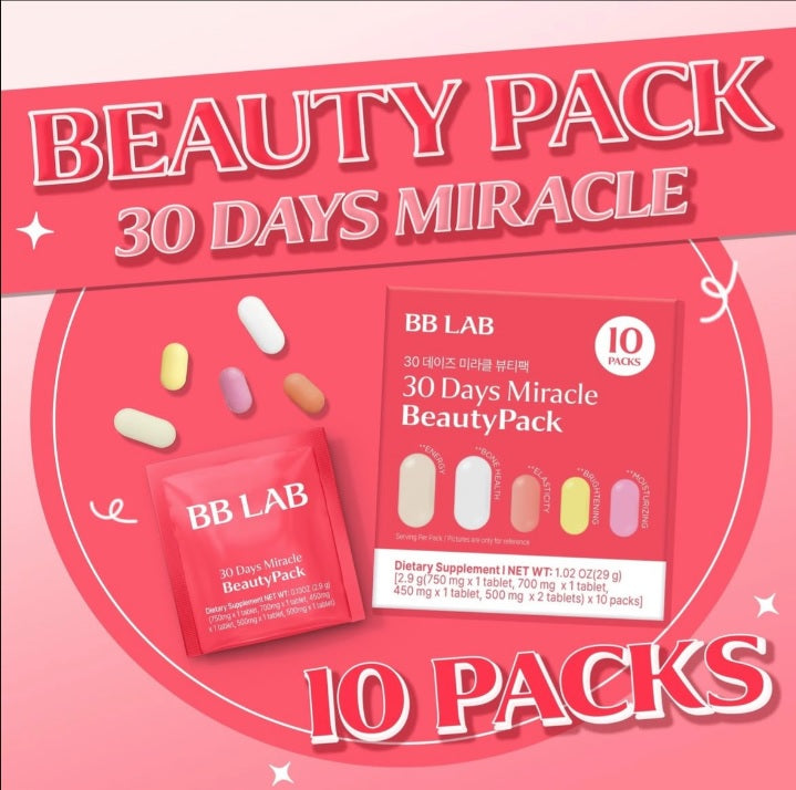 Червона коробка BB LAB 30 Days Miracle BeautyPack поряд з саше в червоному колі на рожевому фоні.