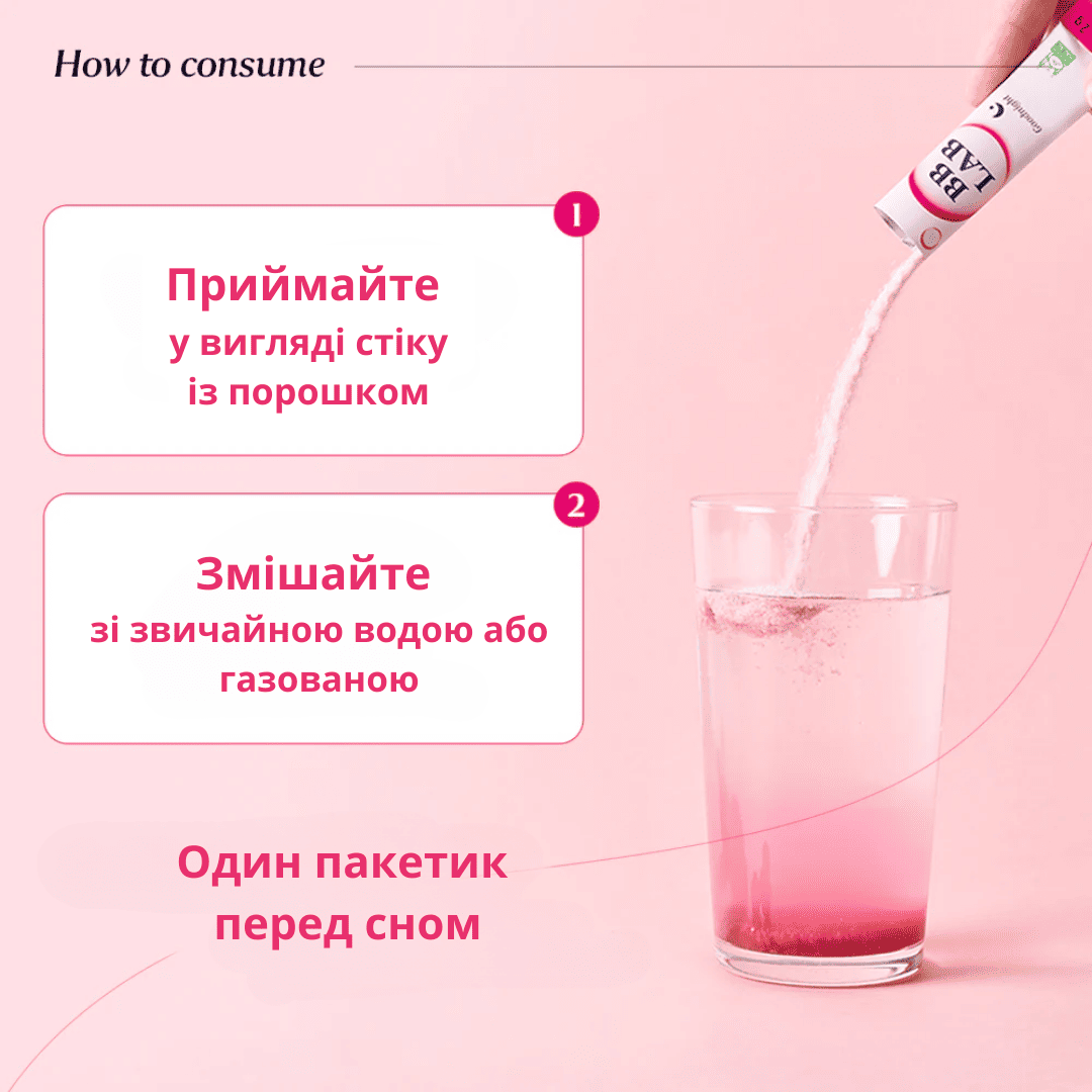 Склянка з водою, в яку висипають саше BB Lab Good Night Collagen, поряд розміщені підказки щодо способу вживання.