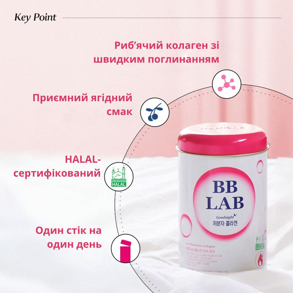 Біло-рожева баночка BB Lab Good Night Collagen стоїть на білій тканині, поряд розміщений текст із перевагами продукту.
