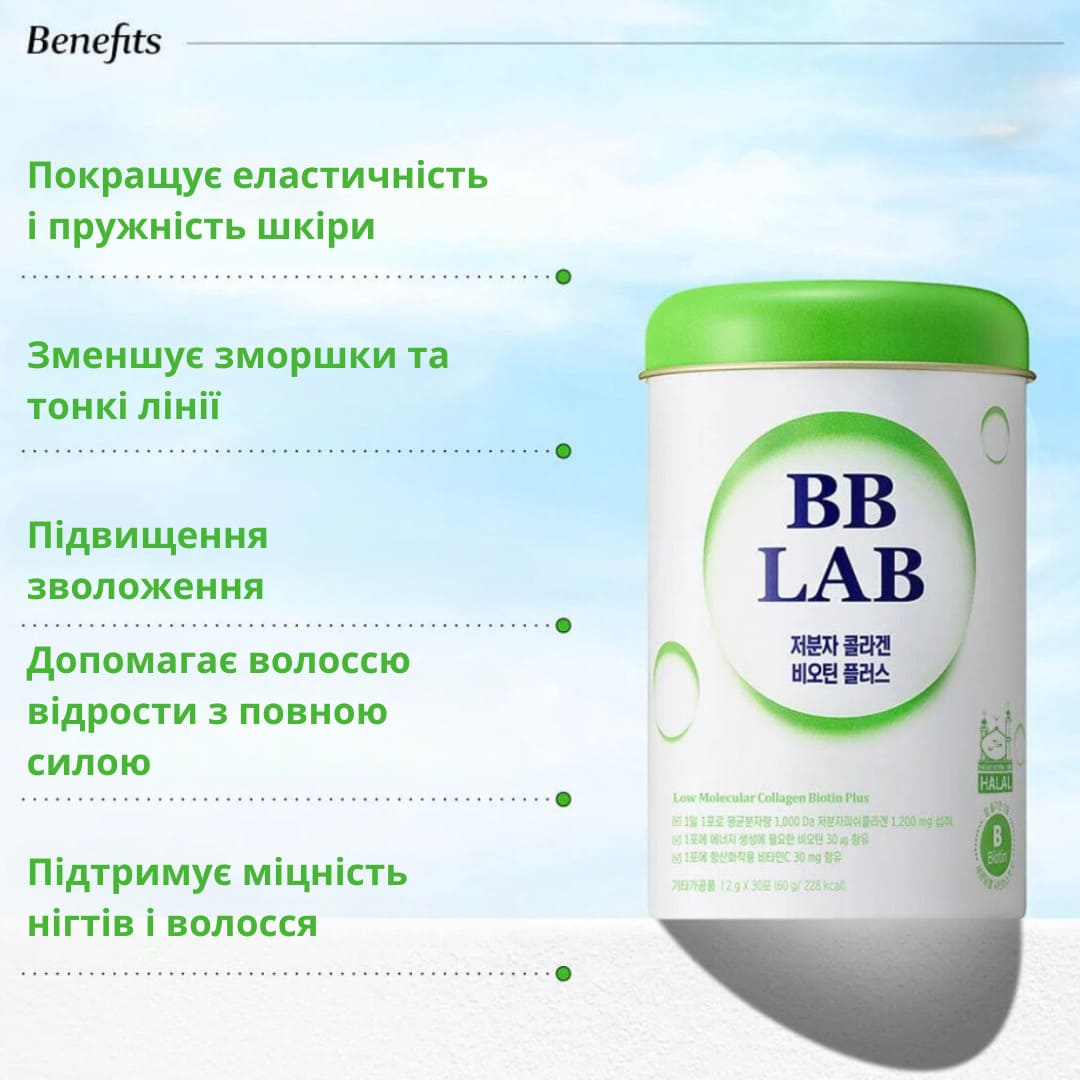 Біло-зелена банка колагену стоїть на білій поверхні на небесному фоні, поряд з нею зазначені переваги колагену