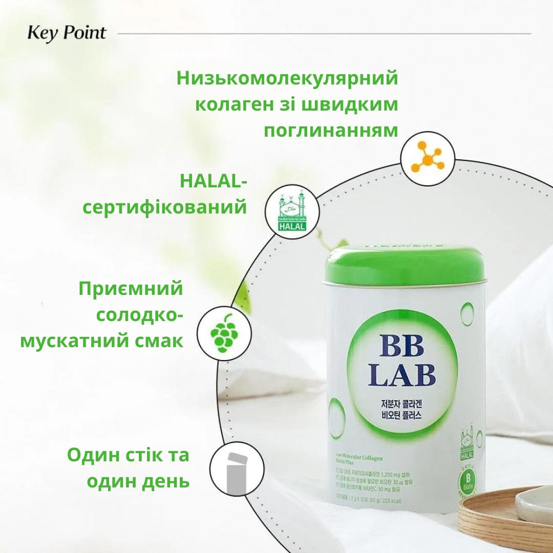 Банка колагену BB Lab Low Molecular Collagen Biotin Plus стоїть на білй поверхні, з описом його переваг: відновлення клітин, посилення гідратації та зволоження, зменшення зморшок та тонких ліній, покращення еластичності та пружності шкіри.