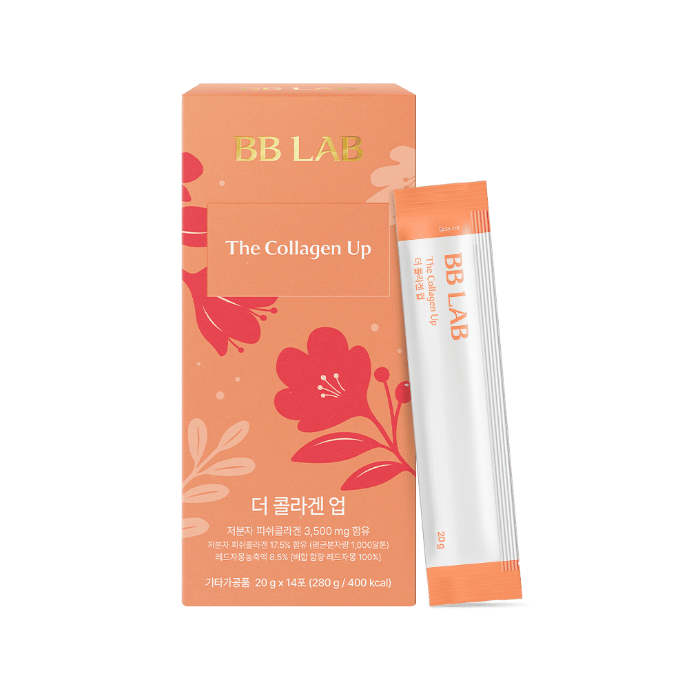 Оранжева коробочка та саше колагену BB Lab The Collagen Up Jelly на білому фоні.