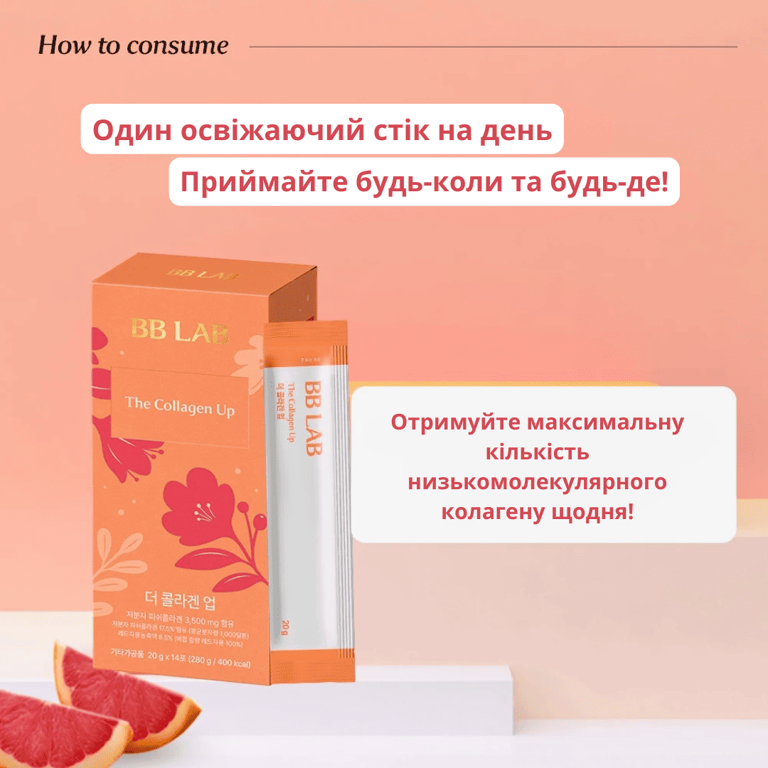 Оранжева упаковка продукту BB Lab The Collagen Up Jelly і стік стоять на білому подіумі на помаранчевому фоні, поруч лежать шматочки грейпфрута та розміщені з рекомендації щодо прийому.