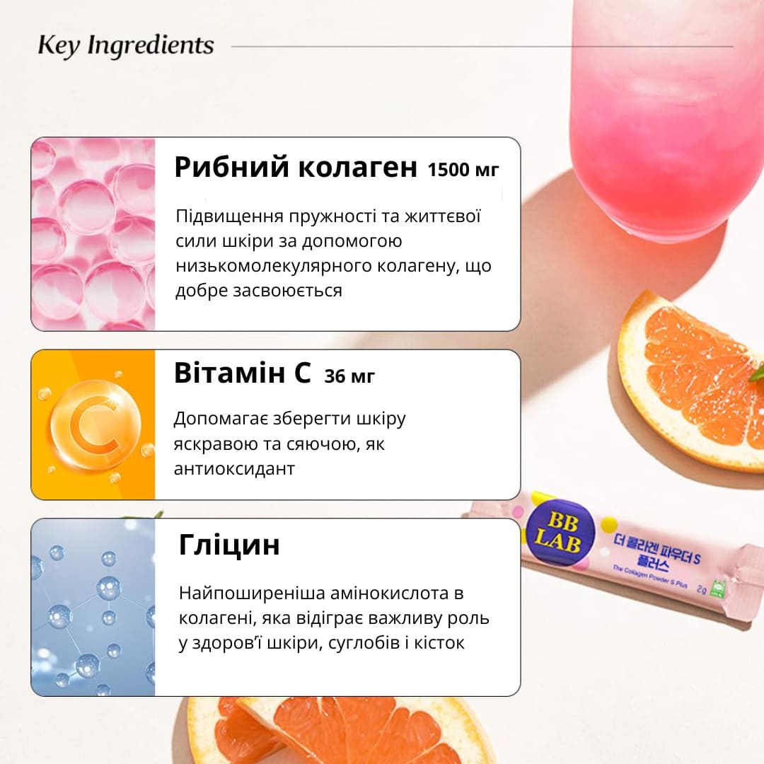 Картинка описує переваги компонентів колагену BB Lab The Collagen Powder S Plus.