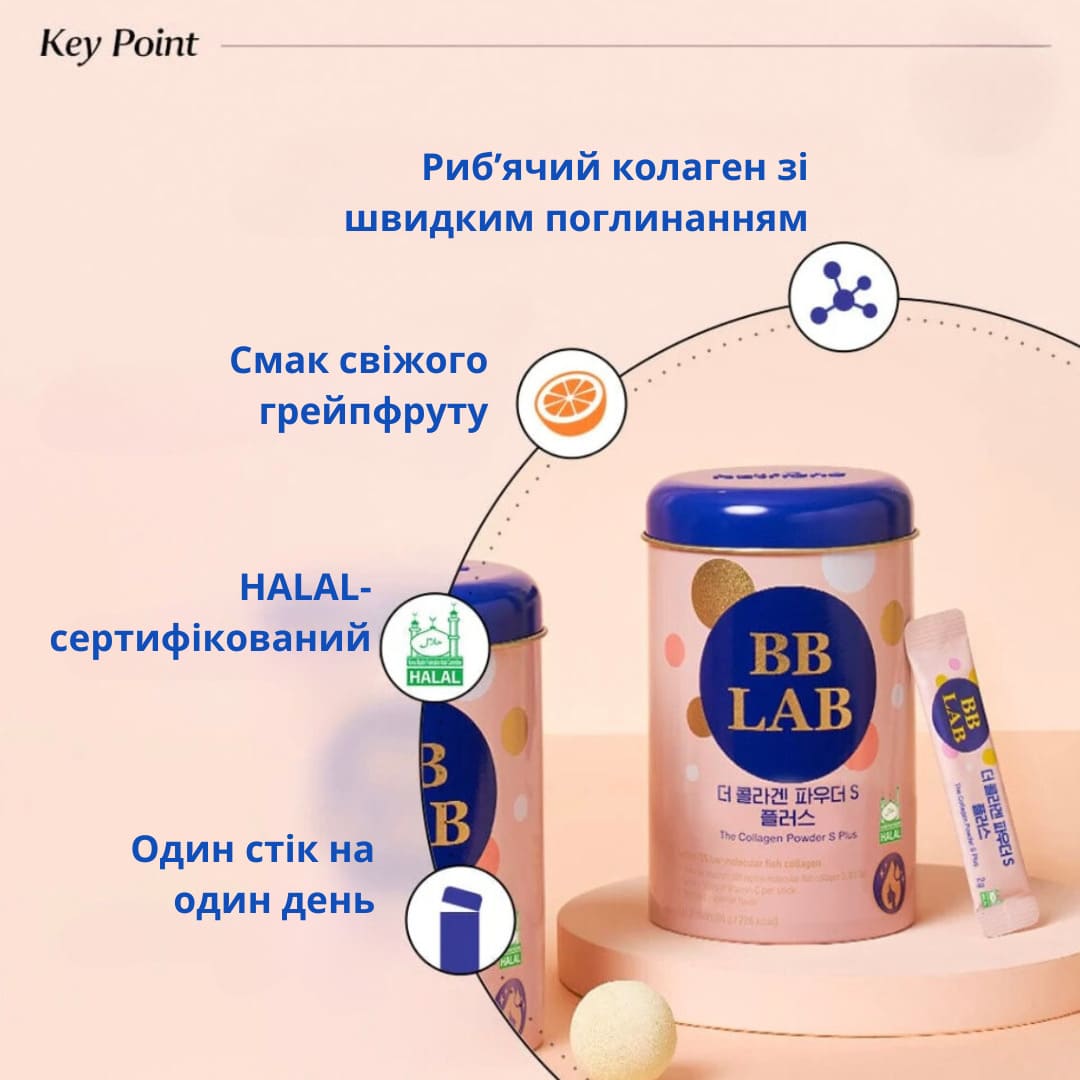 Банка колагену BB Lab The Collagen Powder S Plus стоїть на оранжевому подіумі та фоні, з описом його переваг