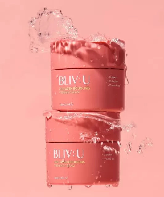 Дві баночки BLIV:U Collagen Bouncing Firming Cream 80 мл поставлені одна на одну, між ними і на них видно сплеск води
