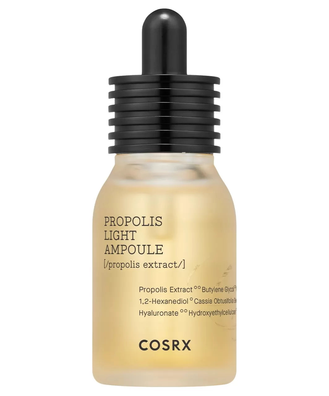 Напівпрозорий флакон з жовтою есенцією та чорною піпеткою COSRX Propolis Essence стоїть на білому фоні.