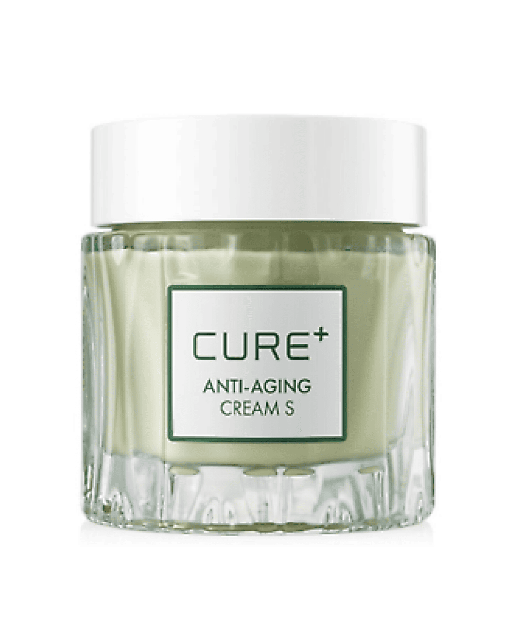 Прозора скляна баночка Cure Anti-Aging Cream з білою кришкою стоїть на білому фоні.